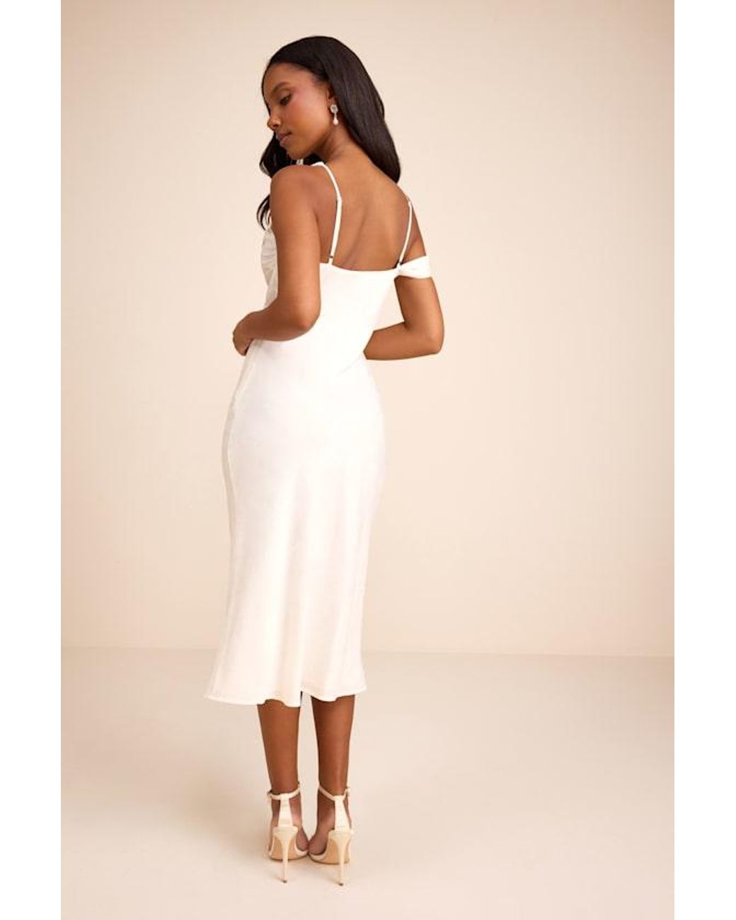 Lulus Natural Cavani Satin Asymmetrical Midi Dress