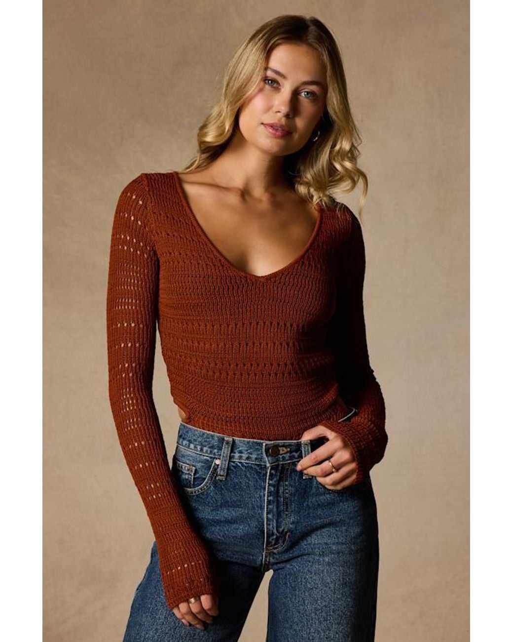 Lulus Blue Sarai Rust Crochet Knit Cutout Bodysuit