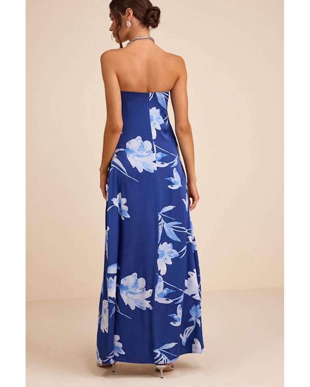 Lulus Blue Arisa Floral Satin Strapless Maxi Dress