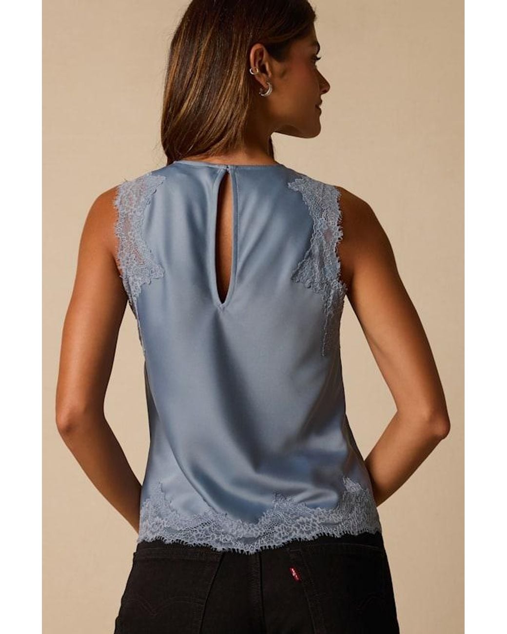 Lulus Blue Jaynae Lace Trim Satin Tank Top