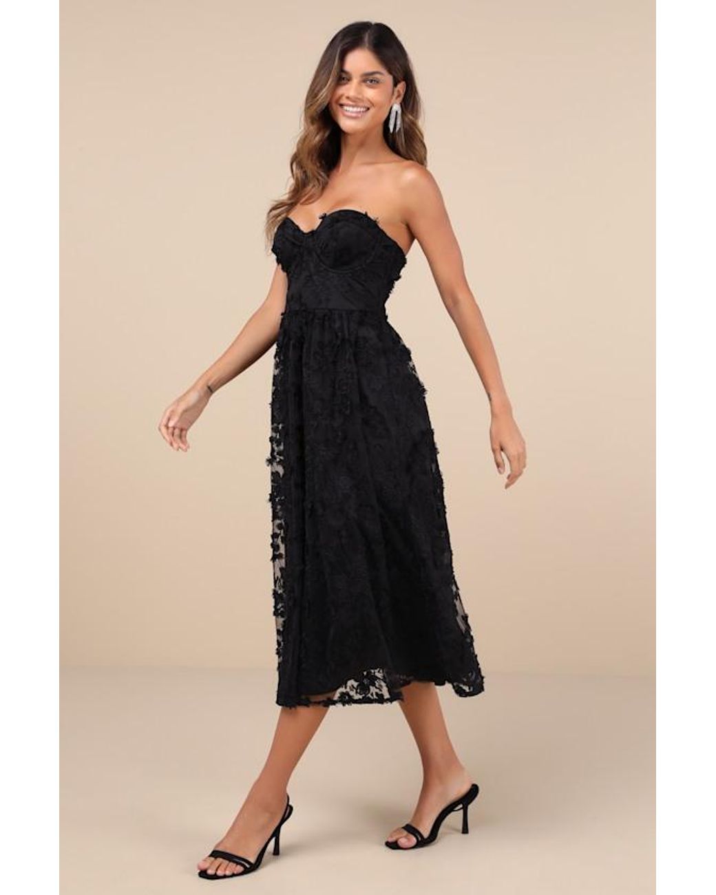 Lulus Black Quite Perfect Floral Embroidered Strapless Midi Dress