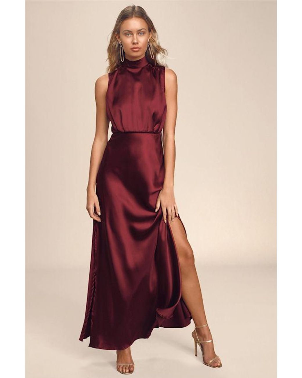 classic elegance wine satin sleeveless mock neck maxi dress Laria Wine Satin Formal Maxi Dress - US 14