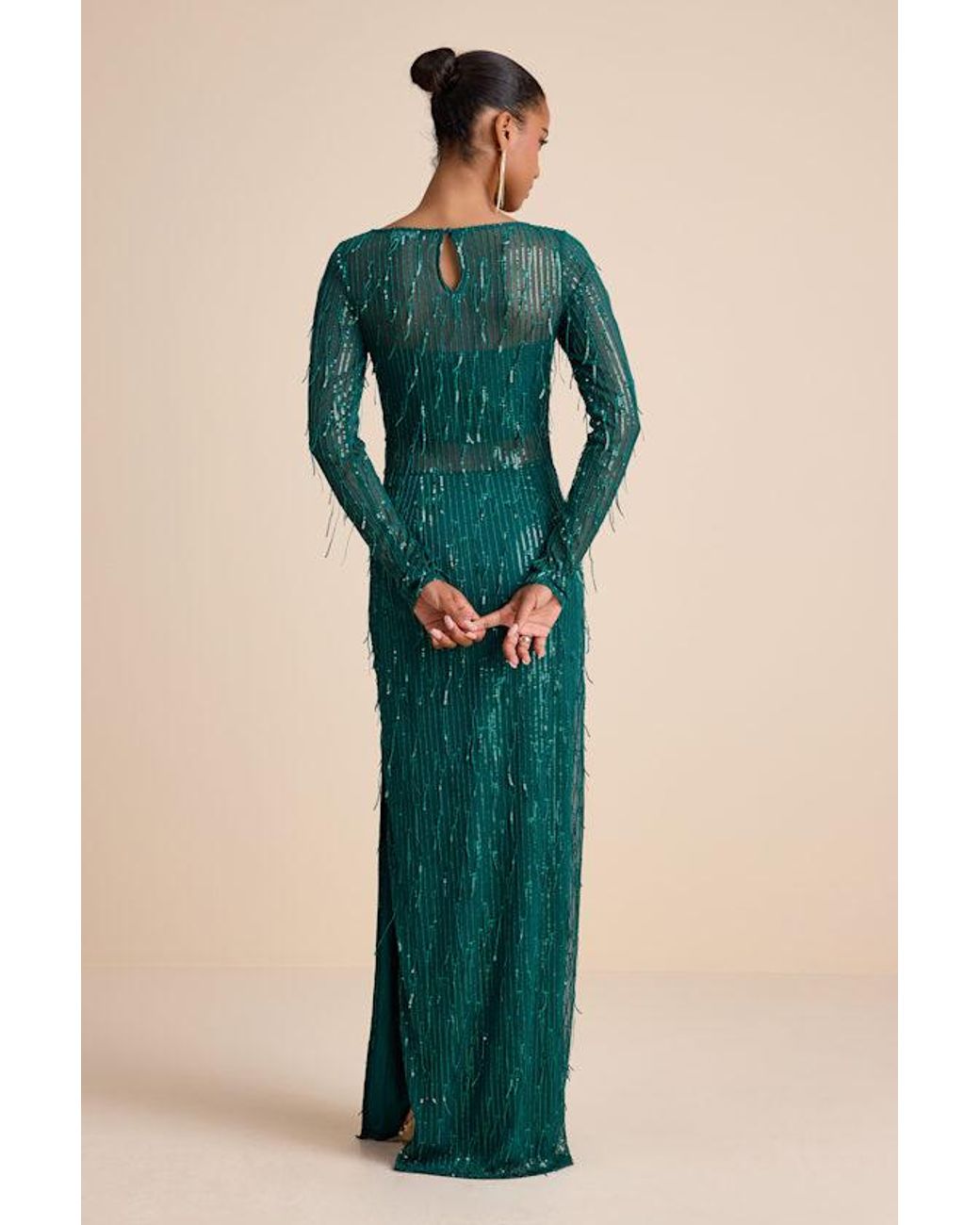 Lulus Sheer Fascination Emerald Sheer Mesh Sequin Fringe Maxi Dress in  Green | Lyst