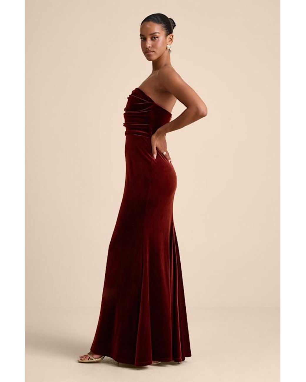 Lulus Maren Rust Velvet Strapless Mermaid Maxi Dress in Red | Lyst