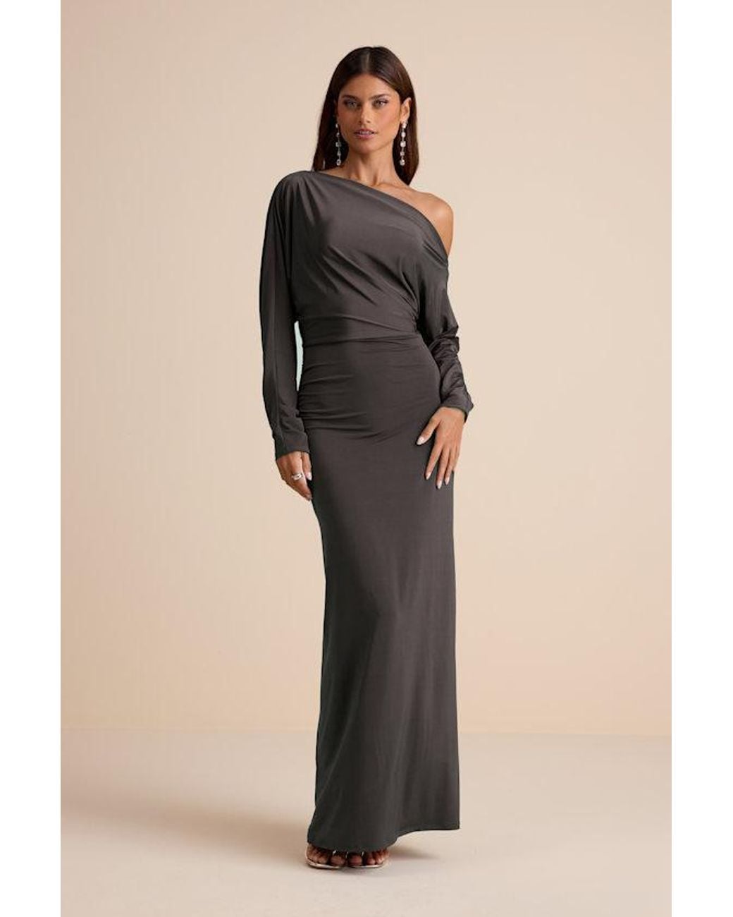lulus grey maxi dress Valani Charcoal Jersey Knit Asymmetrical Long Sleeve in Blue 1920s revival