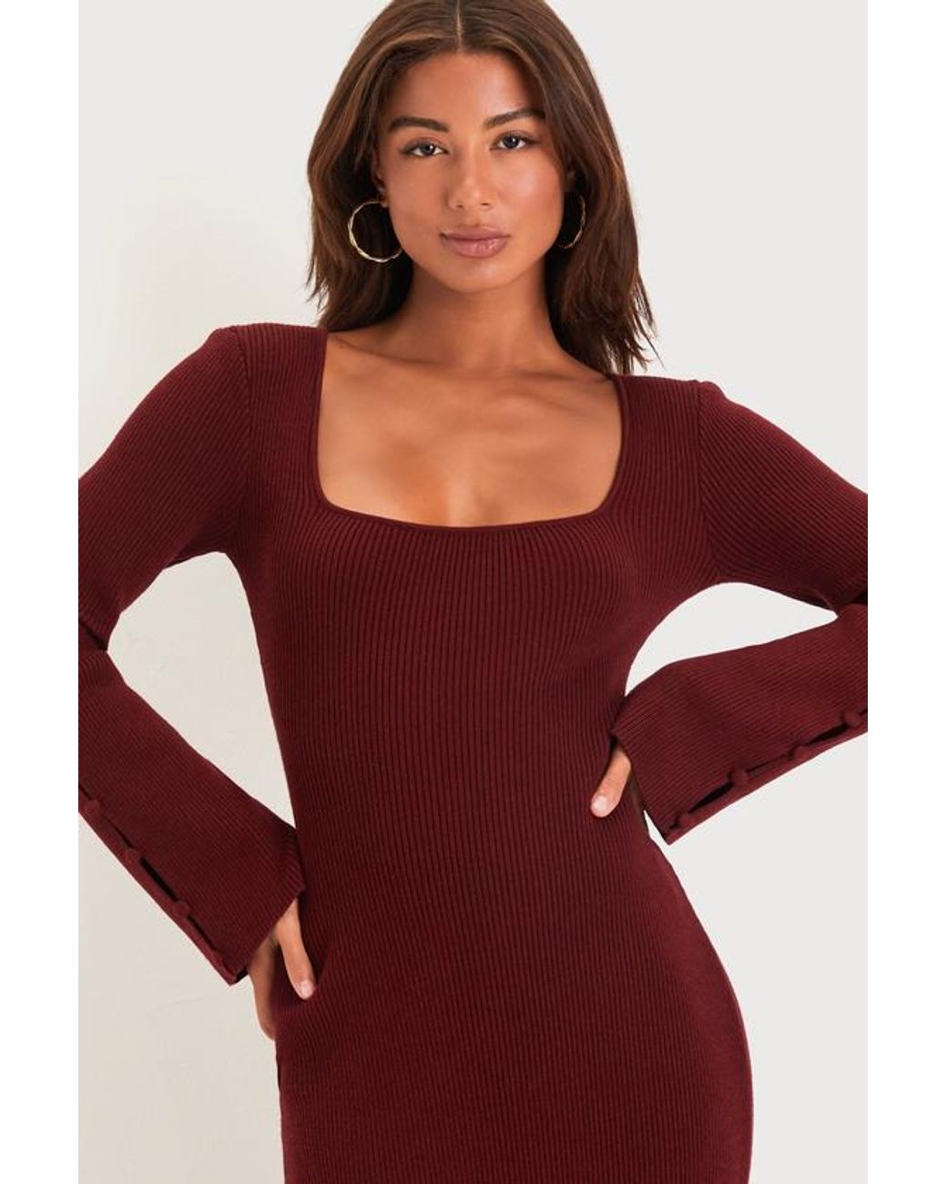 Lulus Red Classy Attitude Ribbed Square Neck Midi Sweater Dress