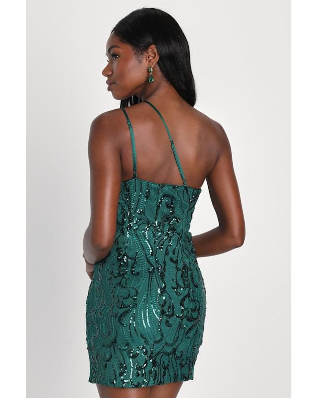 Lulus Green Alluring Shine Sequin One-Shoulder Mini Dress