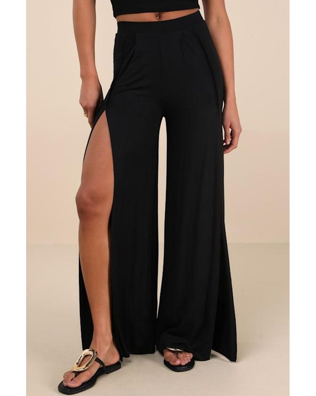 Lulus Black Knockout Knit Wide-Leg Slit-Front Pants