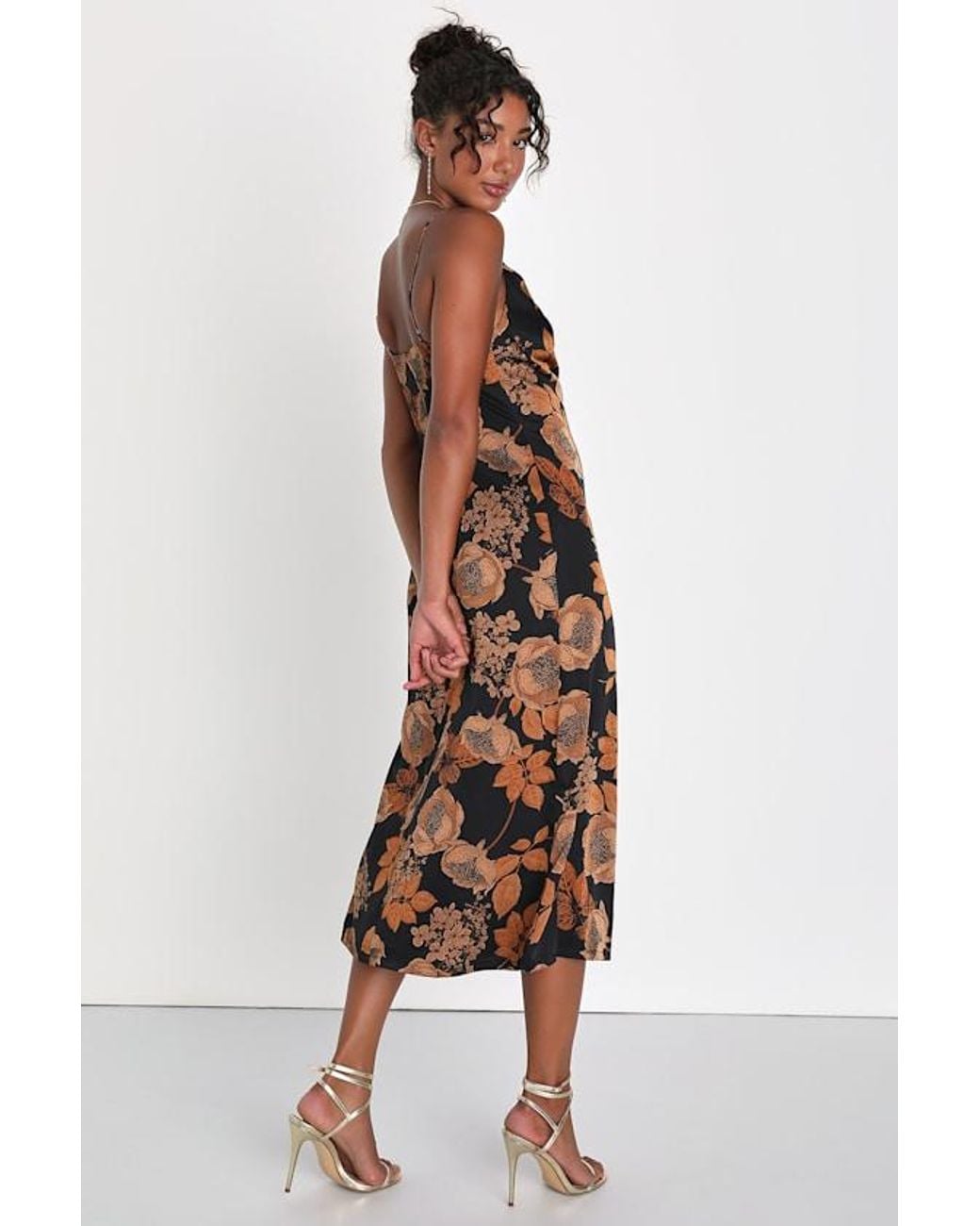 Lulus Black Favorite Icon Floral Satin Cowl Neck Slip Midi Dress