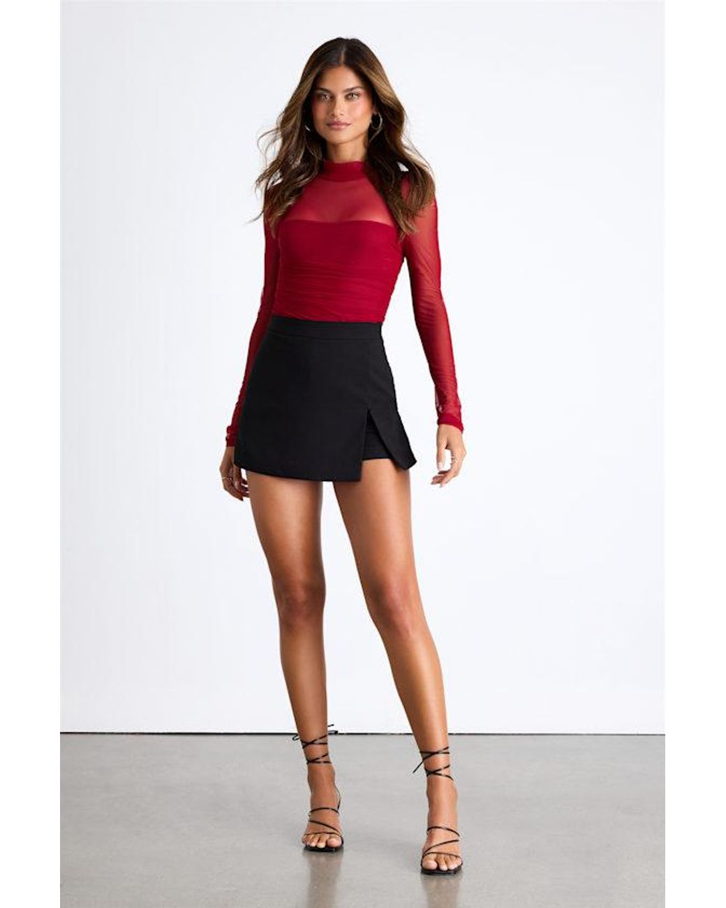 Lulus Red Clearly Alluring Mesh Long Sleeve Mock Neck Bodysuit
