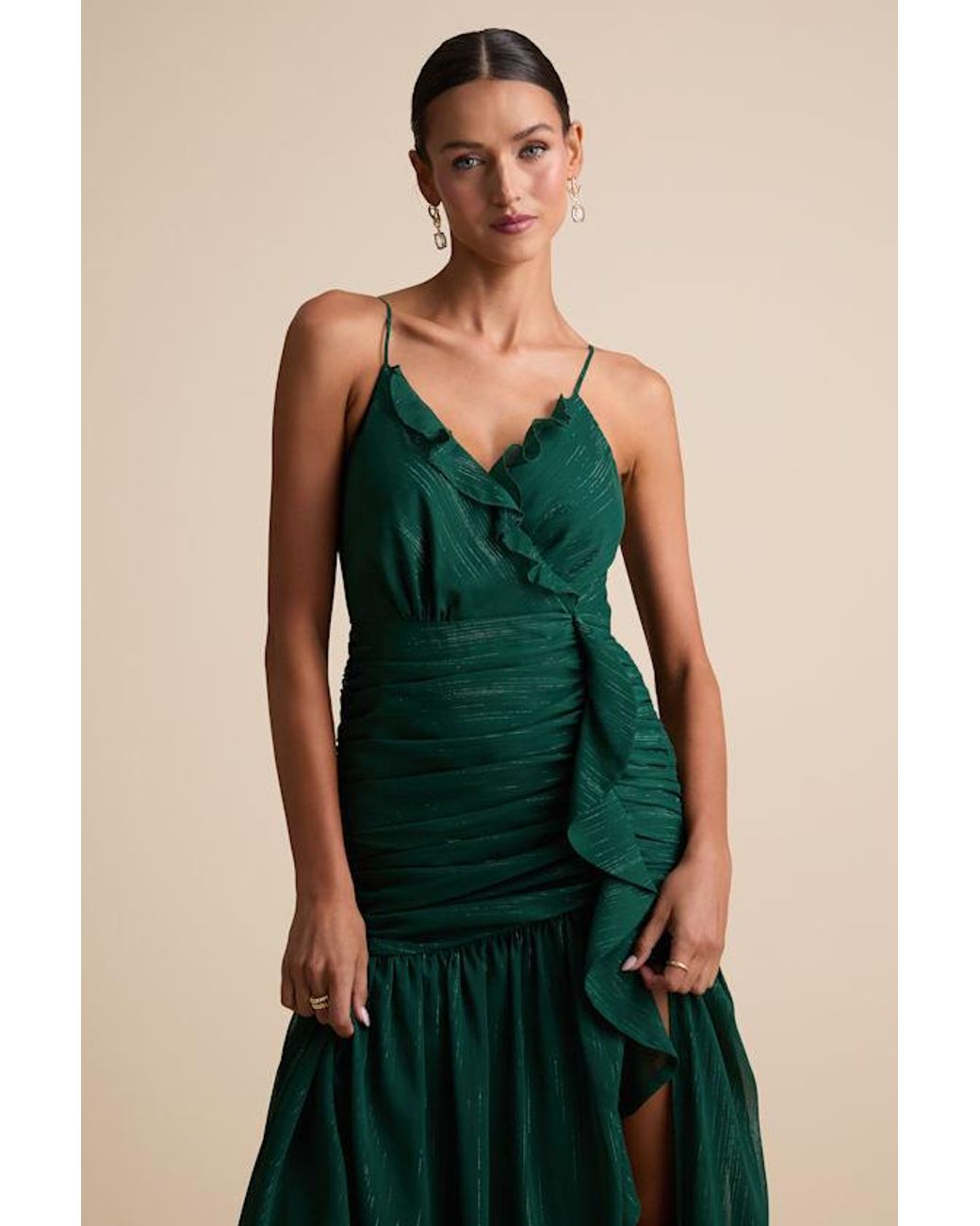 Lulus Stunning Soiree Emerald Lurex Ruched Midi Dress in Green | Lyst