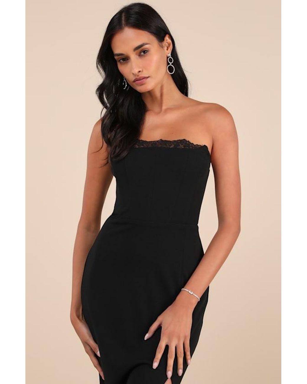 Lulus Black Memorably Iconic Strapless Lace Bustier Maxi Dress