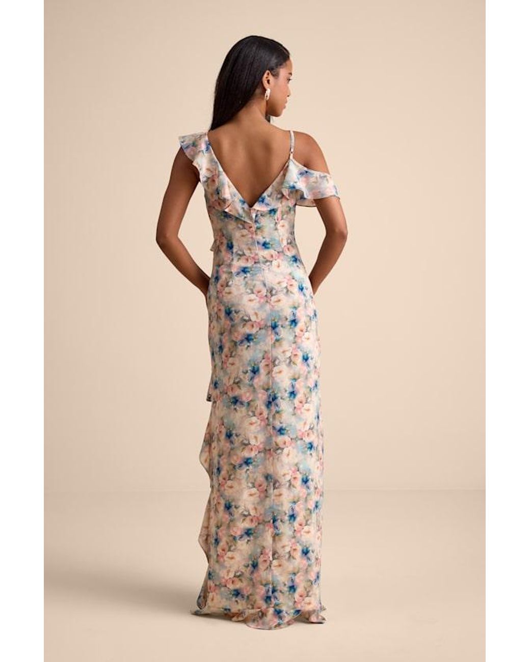 Lulus Natural Venecia Blush Floral Ruffled Asymmetrical Maxi Dress