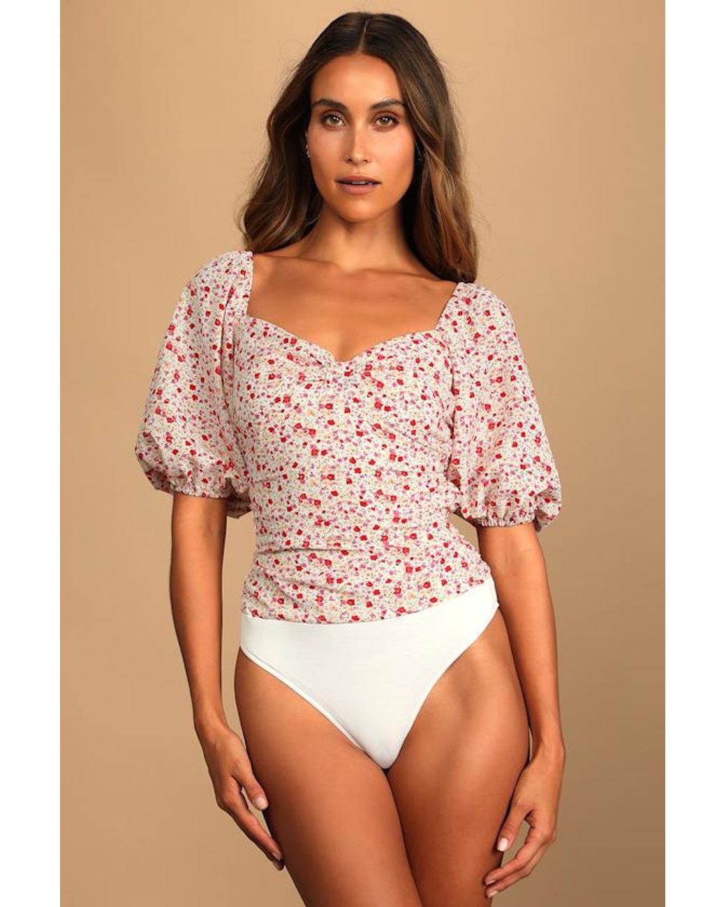 Lulus Blue Beautiful Hues Floral Print Puff Sleeve Ruched Bodysuit