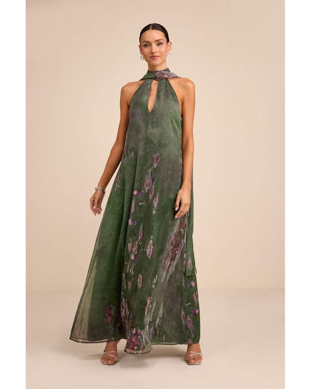 Lulus Green Calixta Abstract Chiffon Sash Shift Maxi Dress