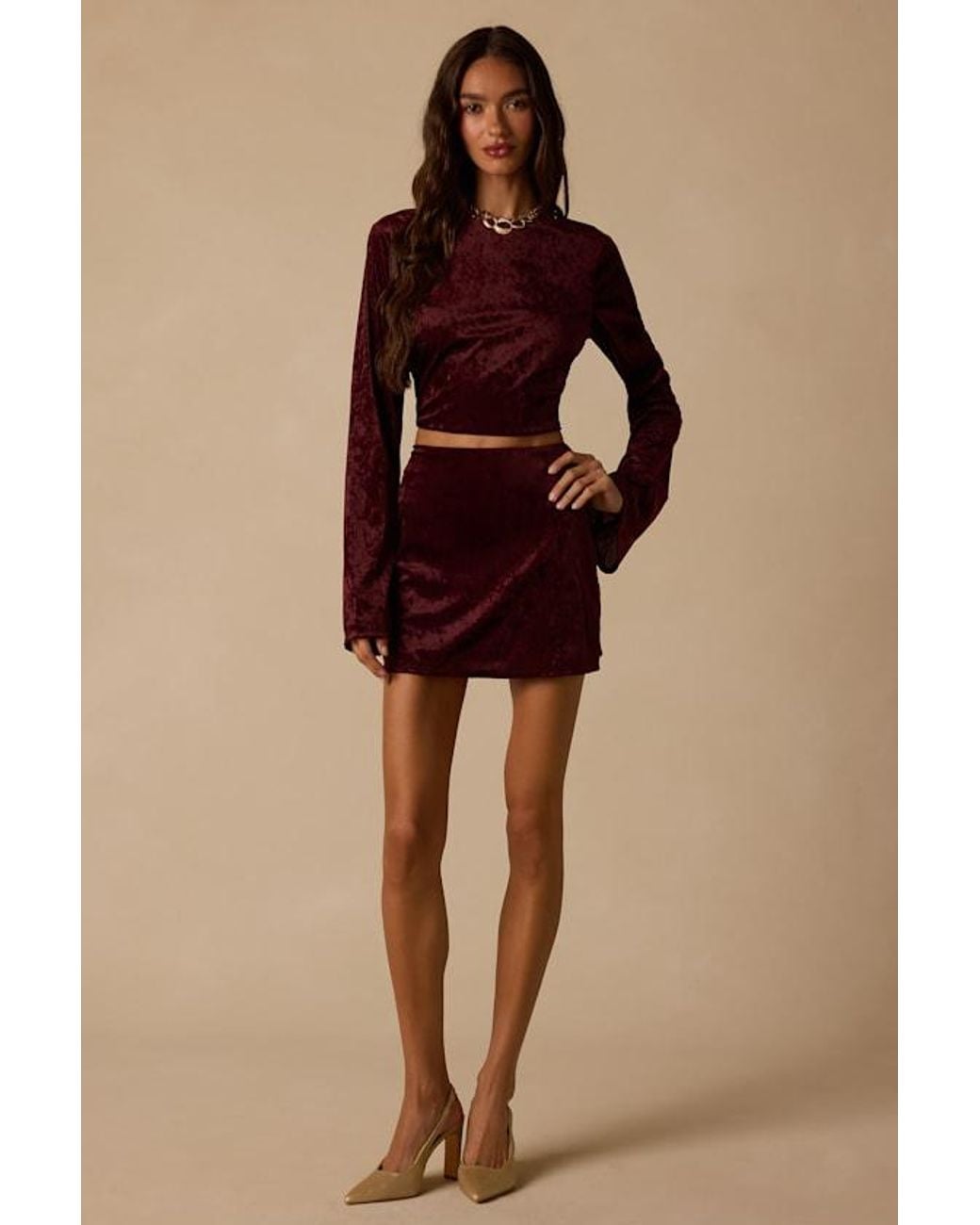 Lulus Red Talaria Velvet Cutout Long Sleeve Crop Top