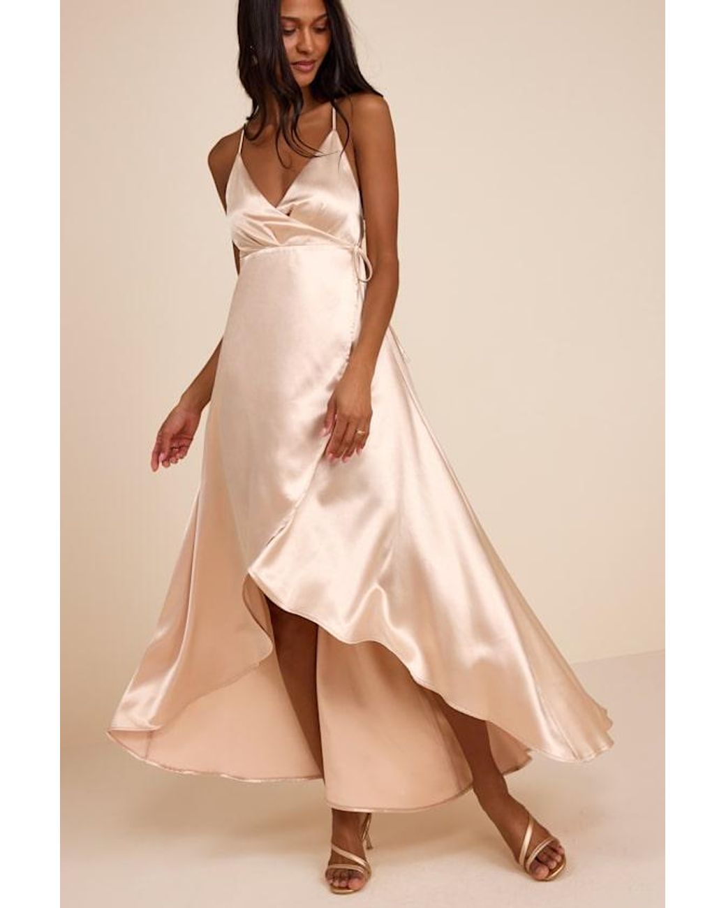 Lulus Natural Audria Satin Wrap High-Low Maxi Dress