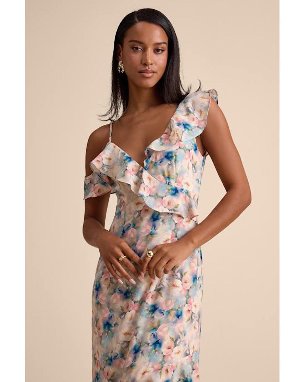 Lulus Natural Venecia Blush Floral Ruffled Asymmetrical Maxi Dress