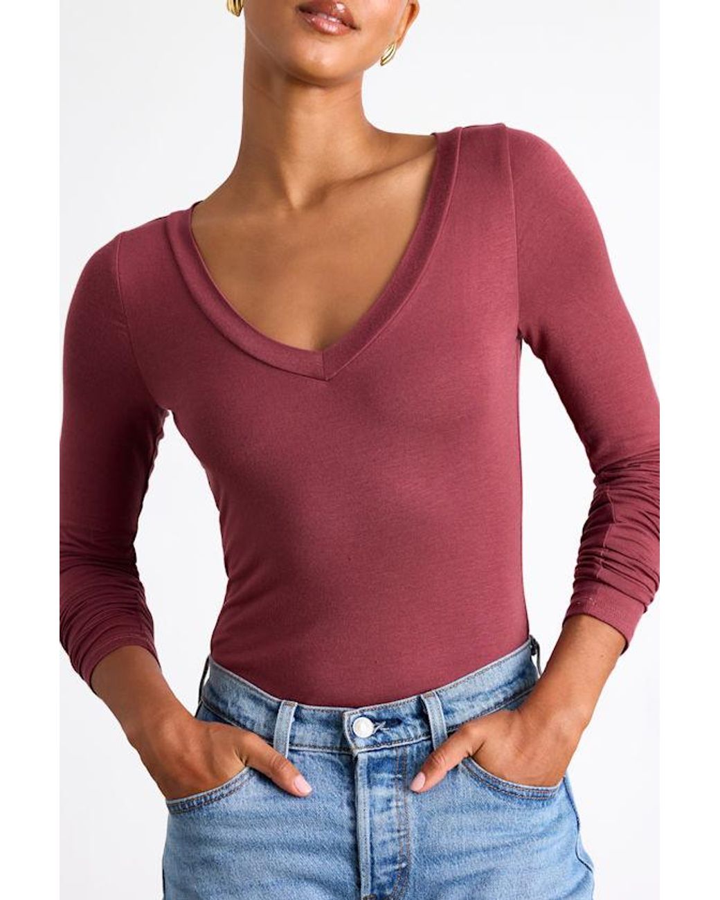 Lulus Red Clean Look V-Neck Long Sleeve Bodysuit