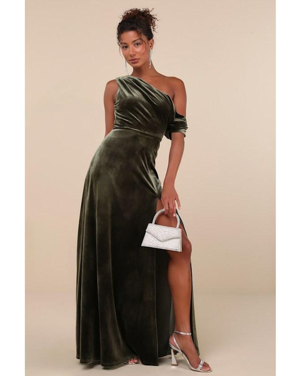 Lulus Natural Coveted Confidence Velvet Asymmetrical Maxi Dress