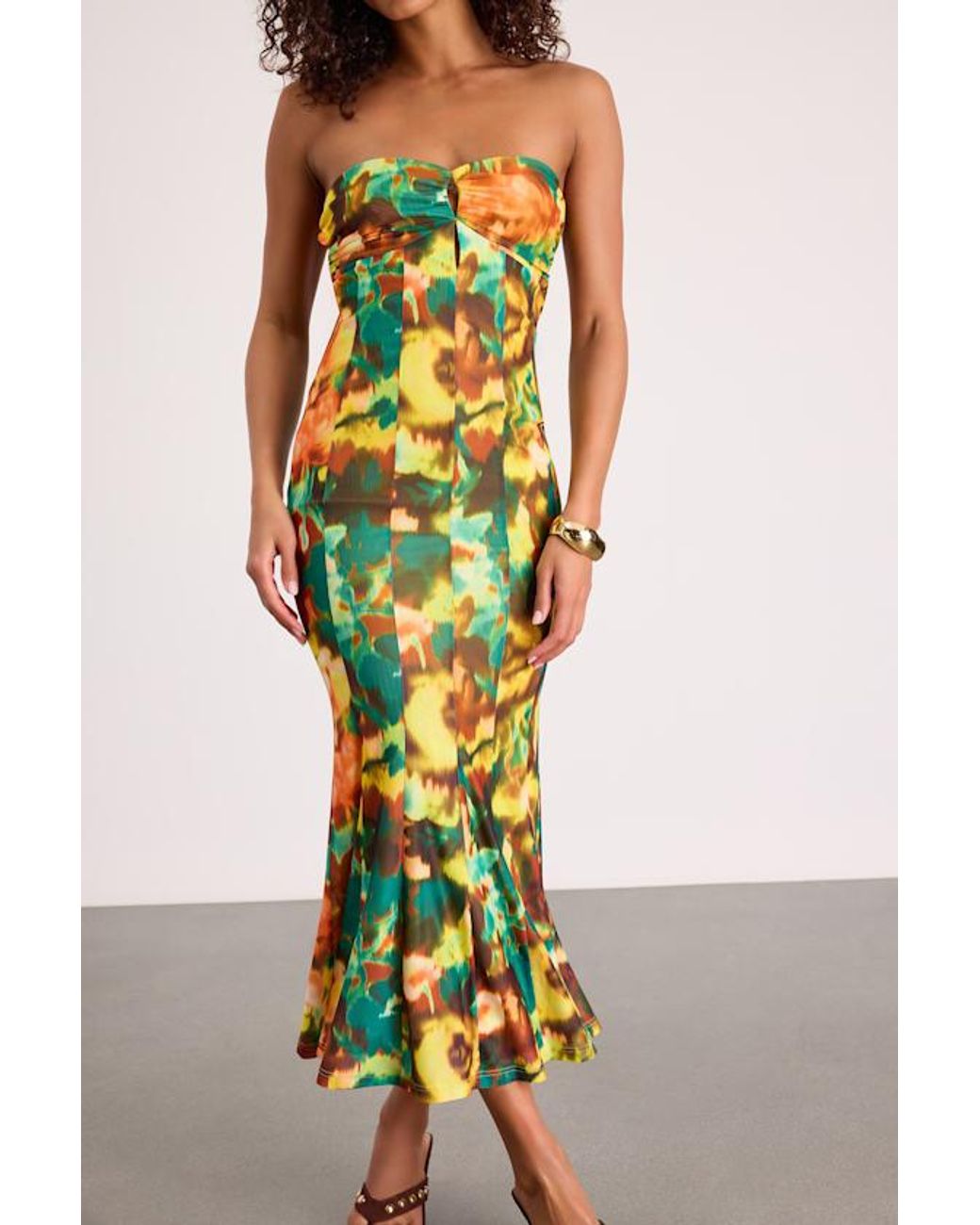 Lulus Yellow Islay Multi Abstract Mesh Strapless Midi Dress