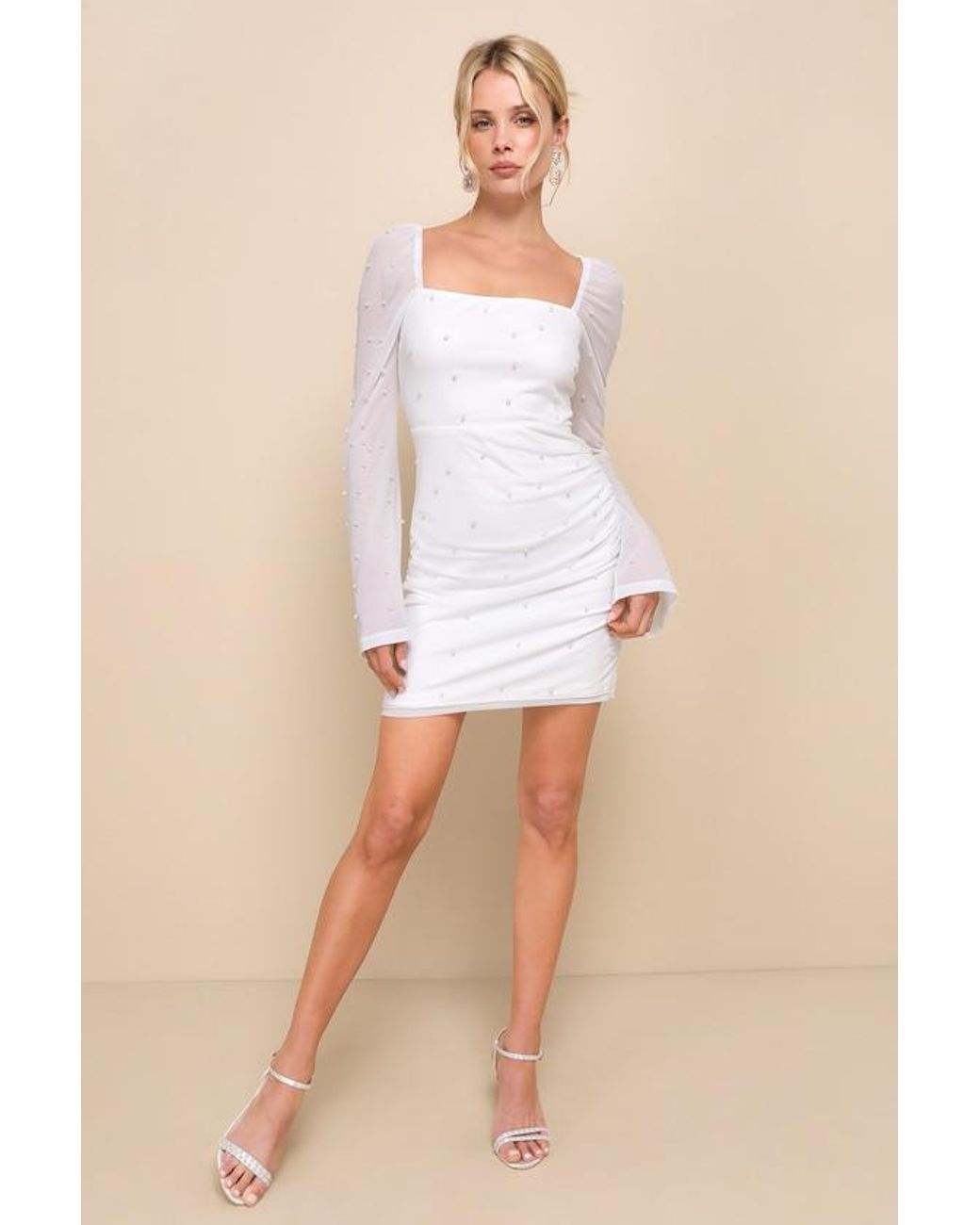 Lulus White Flirty Luxury Mesh Pearl Long Sleeve Mini Dress