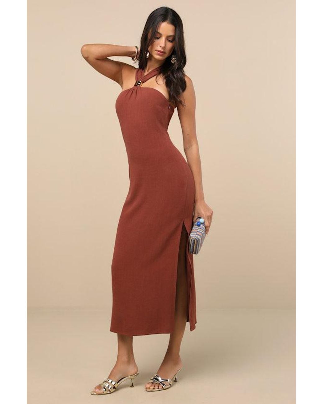 Lulus Natural Calessia Linen Halter Neck Midi Dress