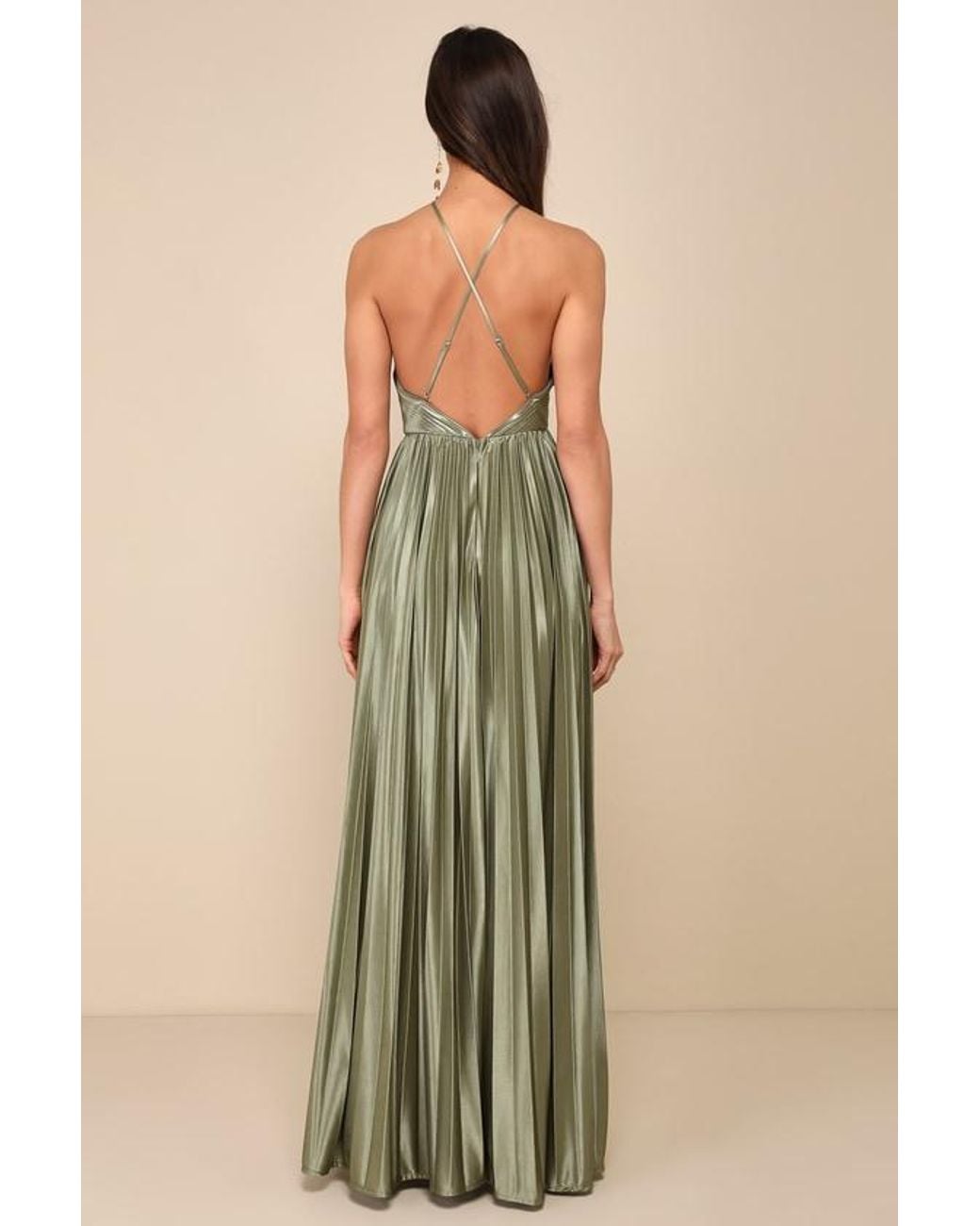 Lulus Green Elaborate Charm Satin Pleated Backless Maxi Dress