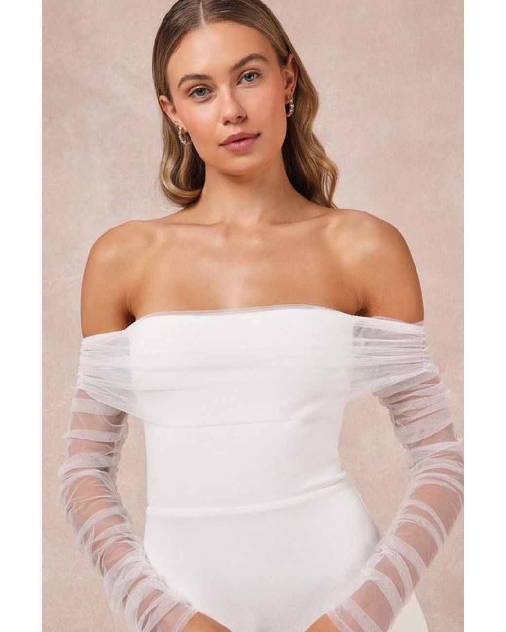 Lulus Natural Beautifully Beloved Mesh Off-The-Shoulder Maxi Dress