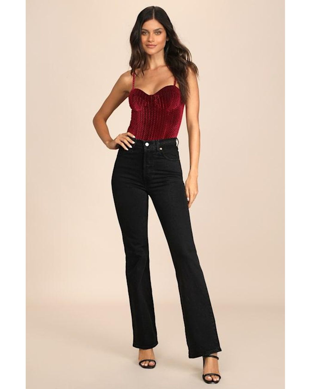 Lulus Red Flirty Feelings Velvet Bustier Bodysuit