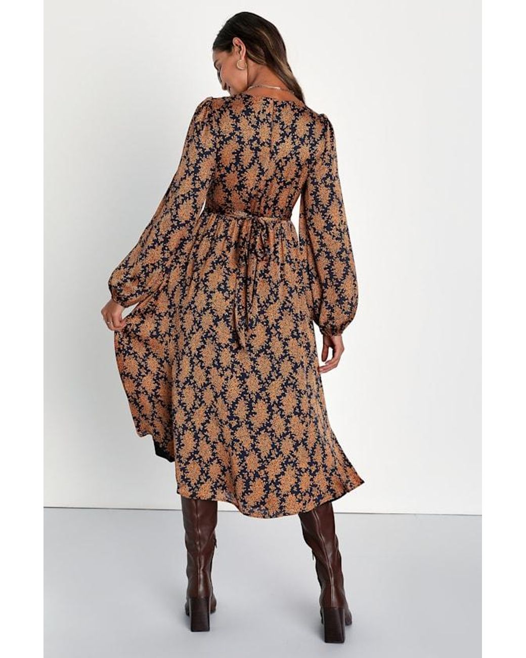 Lulus Brown Graceful Impression And Floral Print Midi Dress