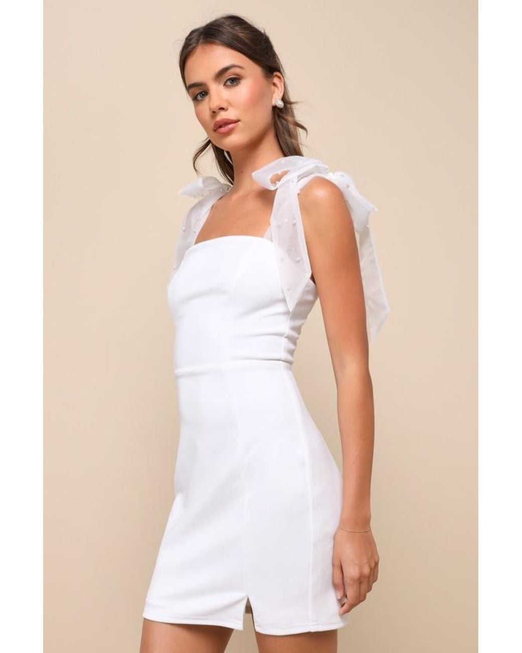Lulus Natural Beaming Perfection Pearl Organza Tie-Strap Mini Dress