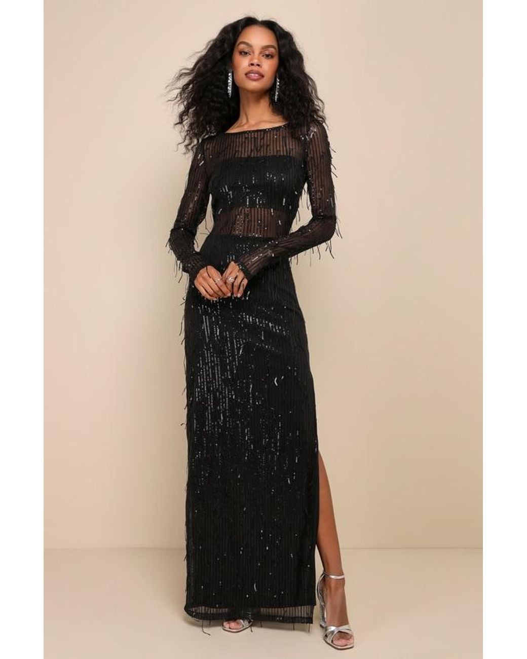 Lulus Black Sheer Fascination Sheer Mesh Sequin Fringe Maxi Dress