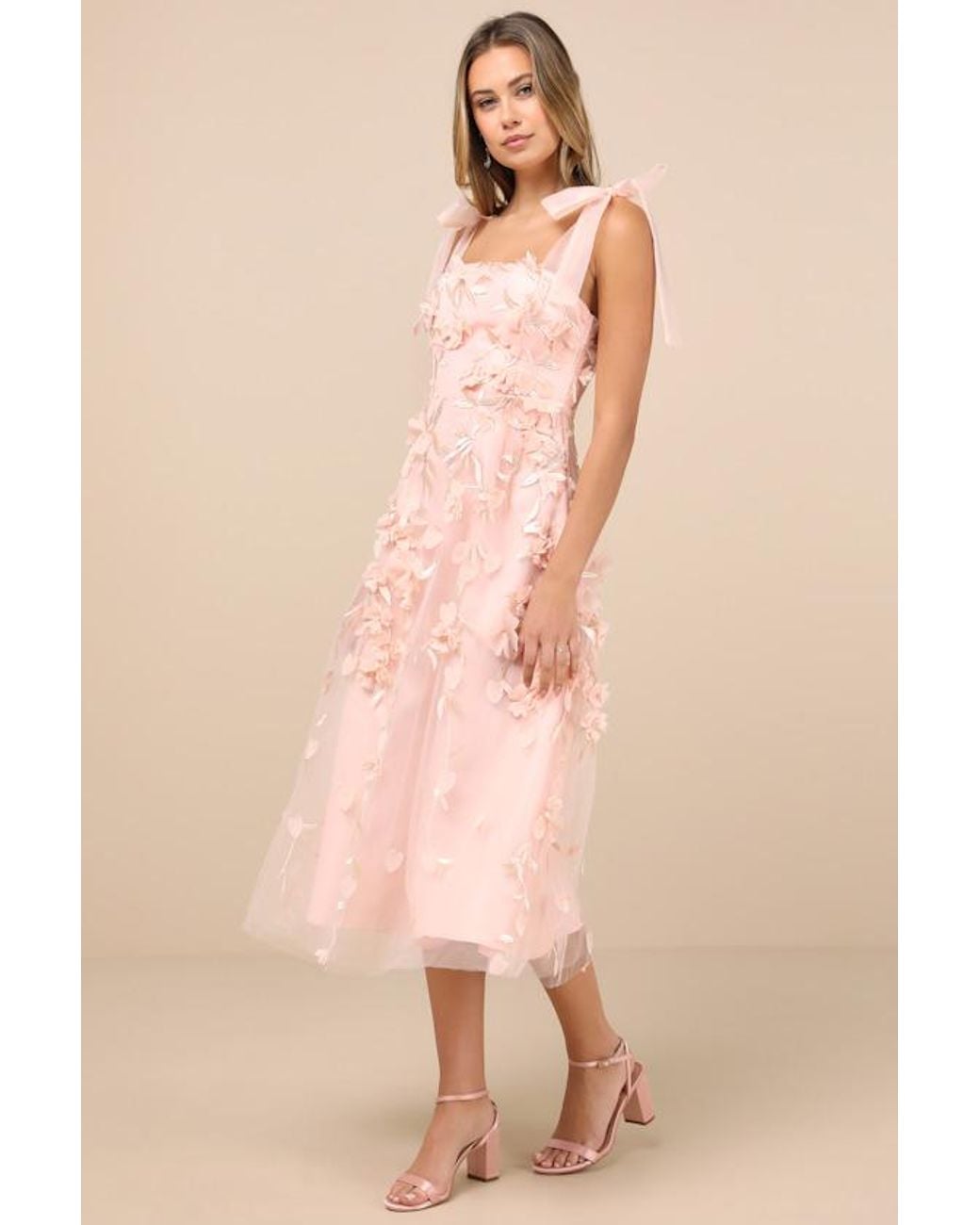 Lulus Natural Effortlessly Sweet Blush Tulle 3D Floral Tie-Strap Midi Dress