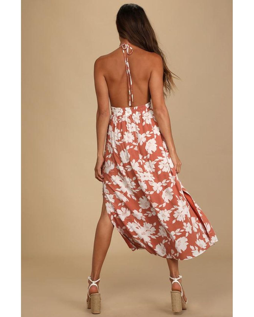 Lulus Natural Follow The Summer Floral Print Halter Midi Dress