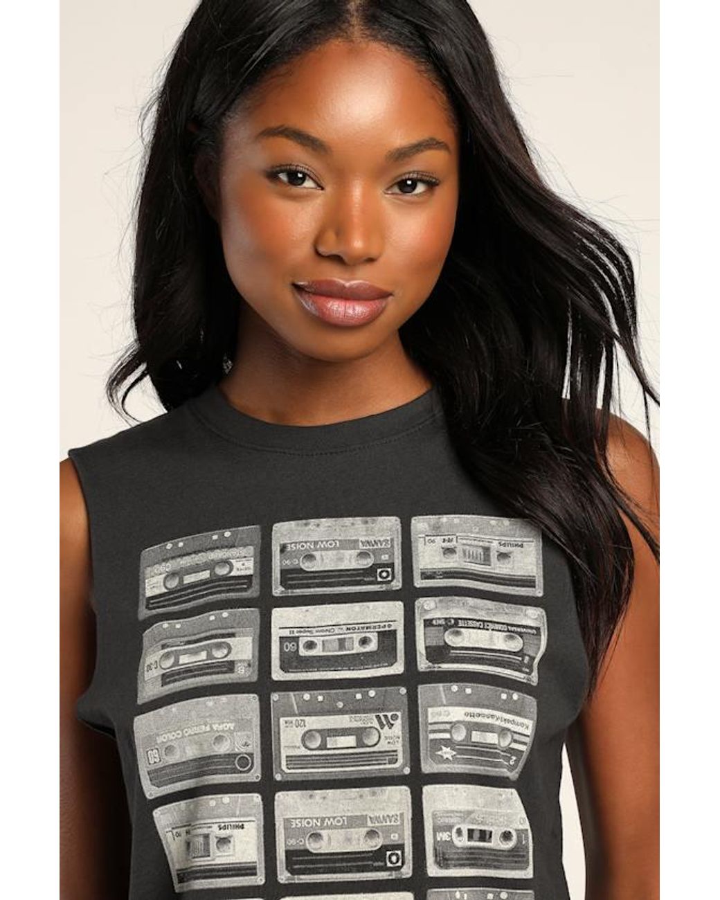 Prince Peter Black Cassette Washed Cropped Graphic Muscle Tank Top