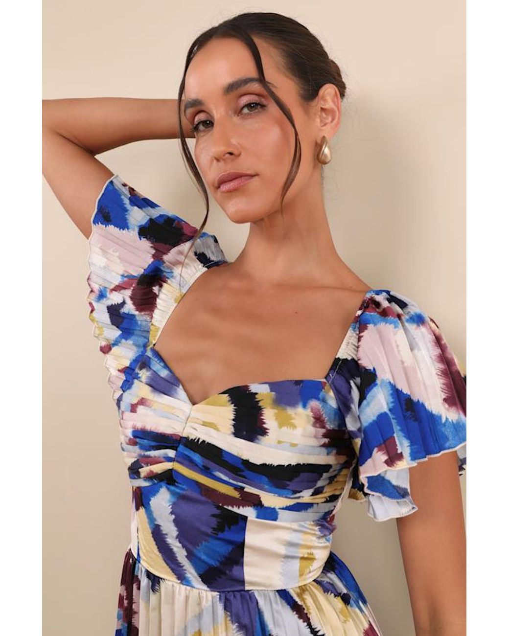 Lulus Blue Authentically Yours Multi Abstract Print Satin Midi Dress