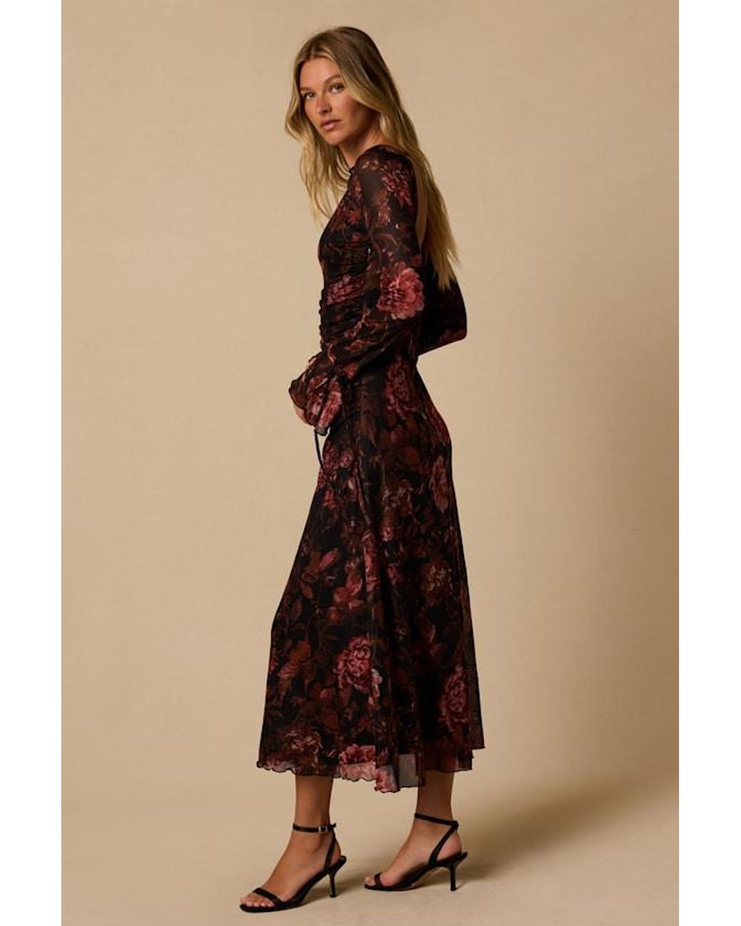 Lulus Natural Gabriela Floral Long Sleeve Midi Dress