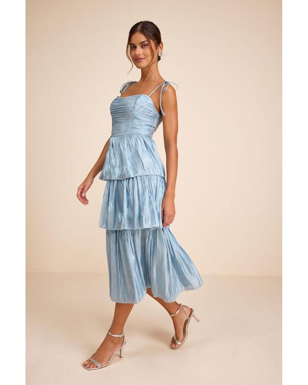 Lulus Blue Tennon Plisse Tiered Midi Dress