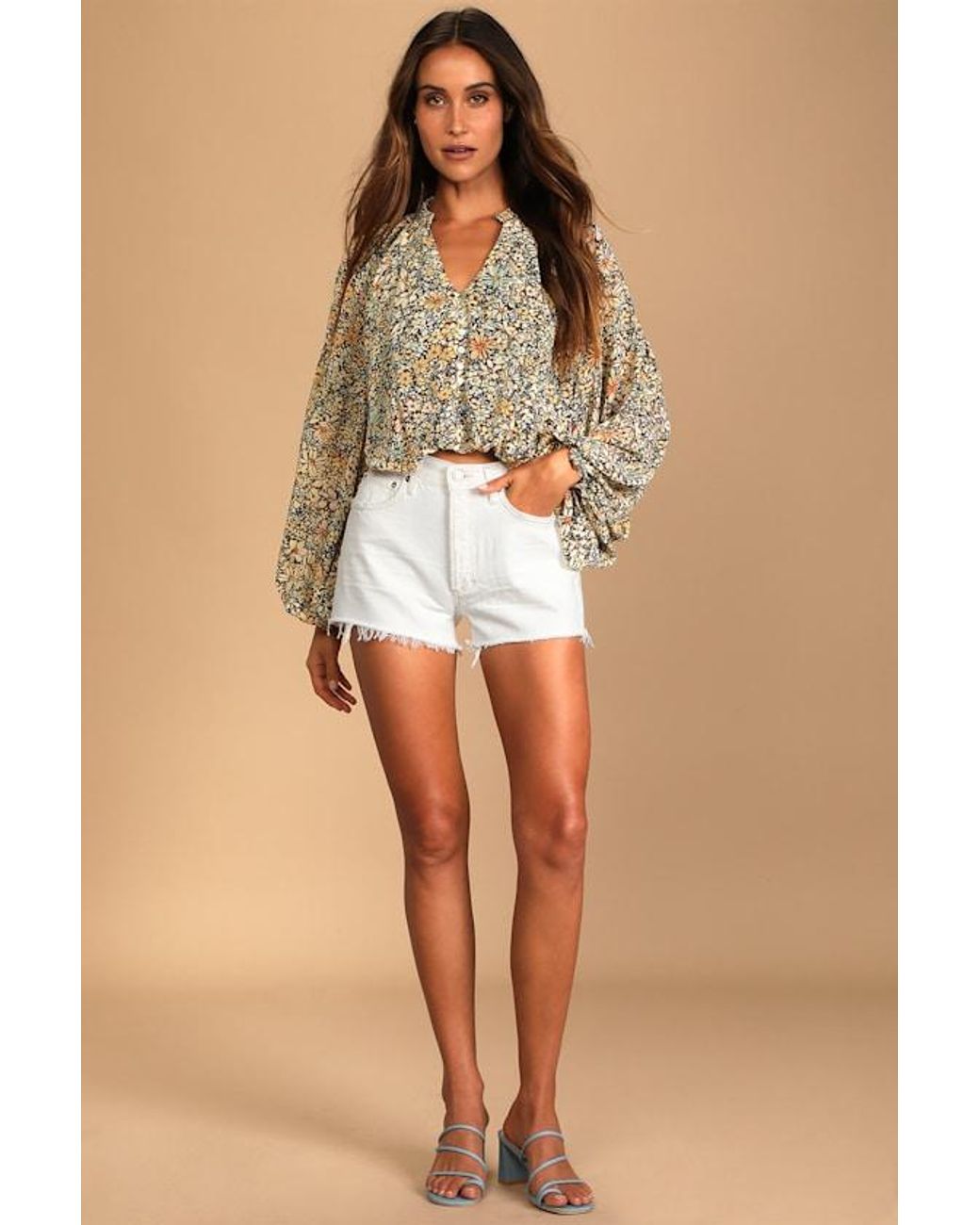 Lulus Natural Season Of Blooms Floral Print Balloon Sleeve Top