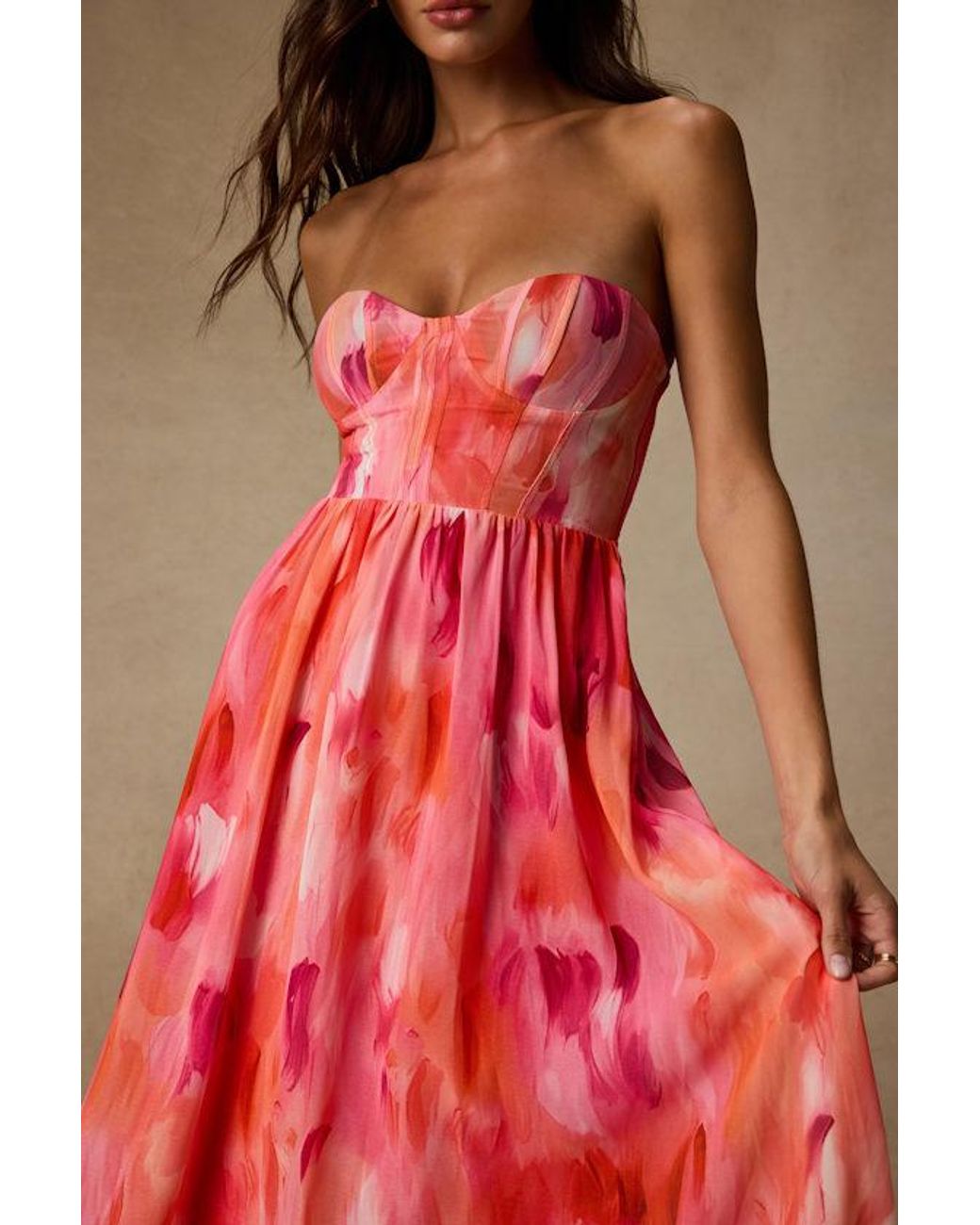 Lulus Pink Aysel Abstract Strapless Bustier Midi Dress