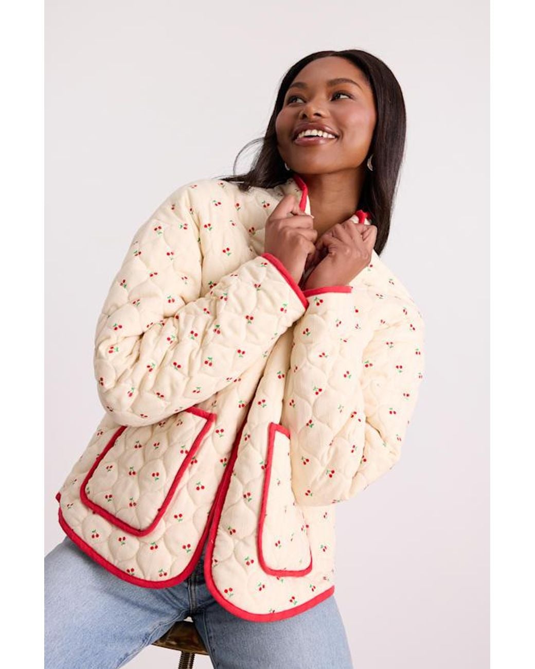 Lulus White Bundled Perfection Cream Cherry Print Quilted Puffer Jacket