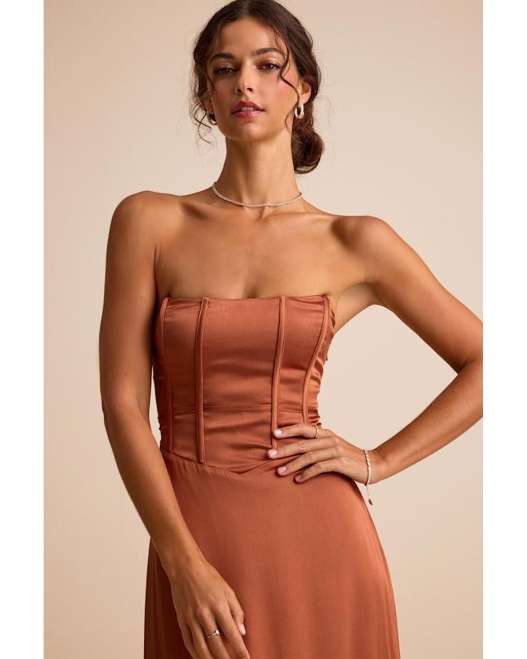 Lulus Natural Extraordinary Presence Satin Strapless Maxi Dress