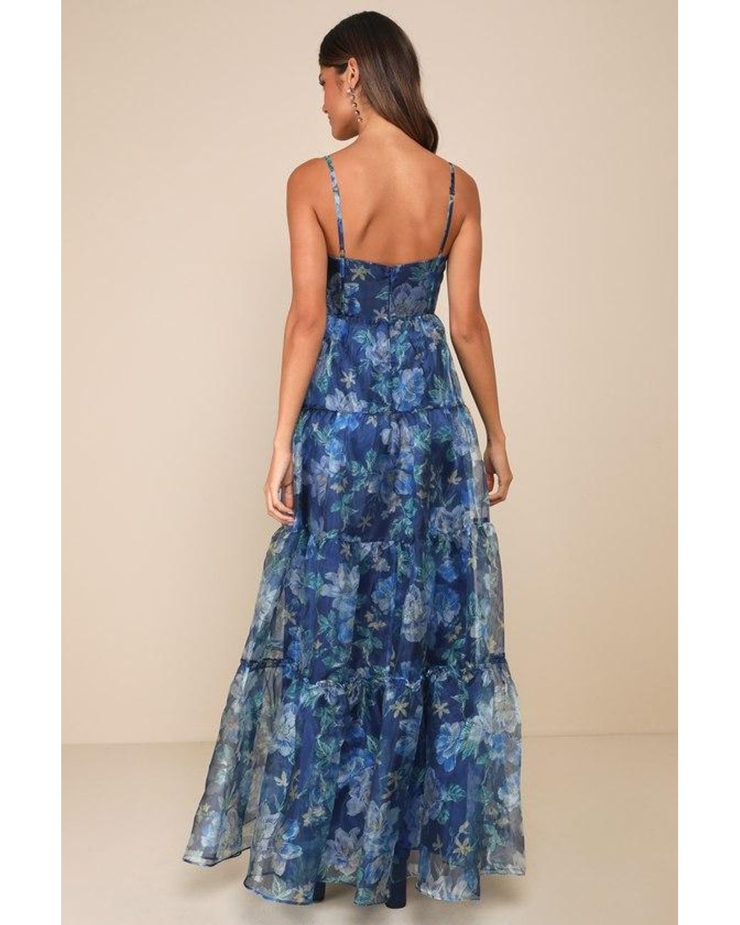 Lulus Blue Exclusive Glamour Floral Organza Tiered Maxi Dress