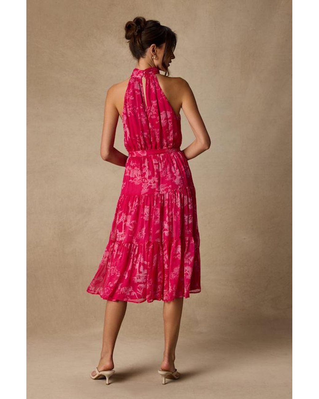 Lulus Pink Float To You Floral Print Halter-Neck Tiered Midi Dress