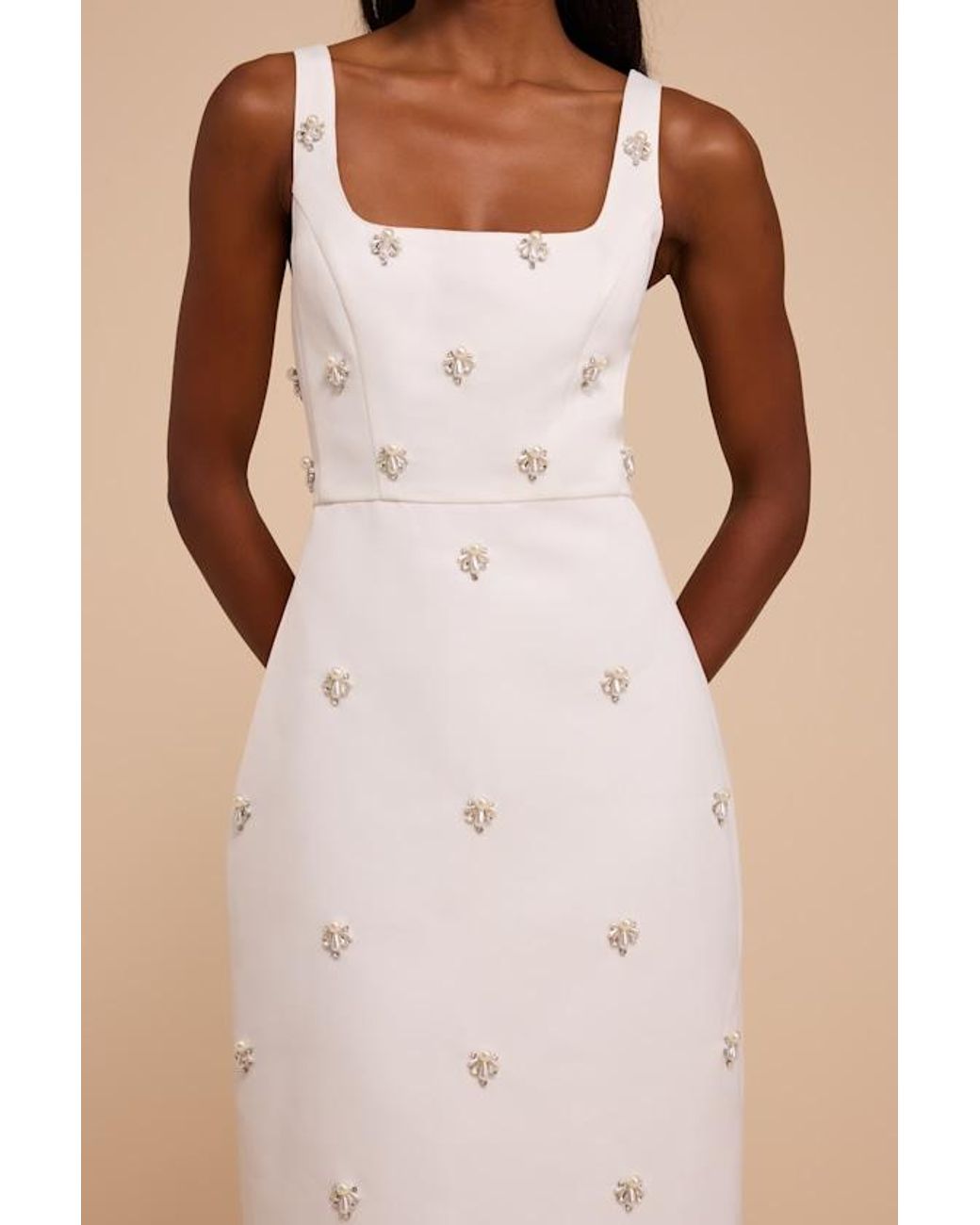 Lulus Natural Naveena Satin Pearl Rhinestone Maxi Dress