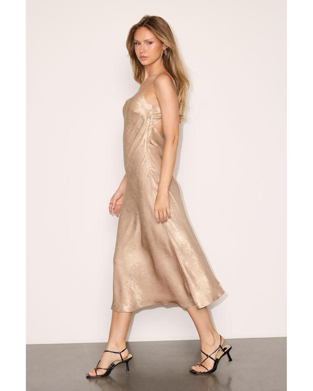 Lulus Natural Stellina Metallic Satin Cowl Back Midi Dress