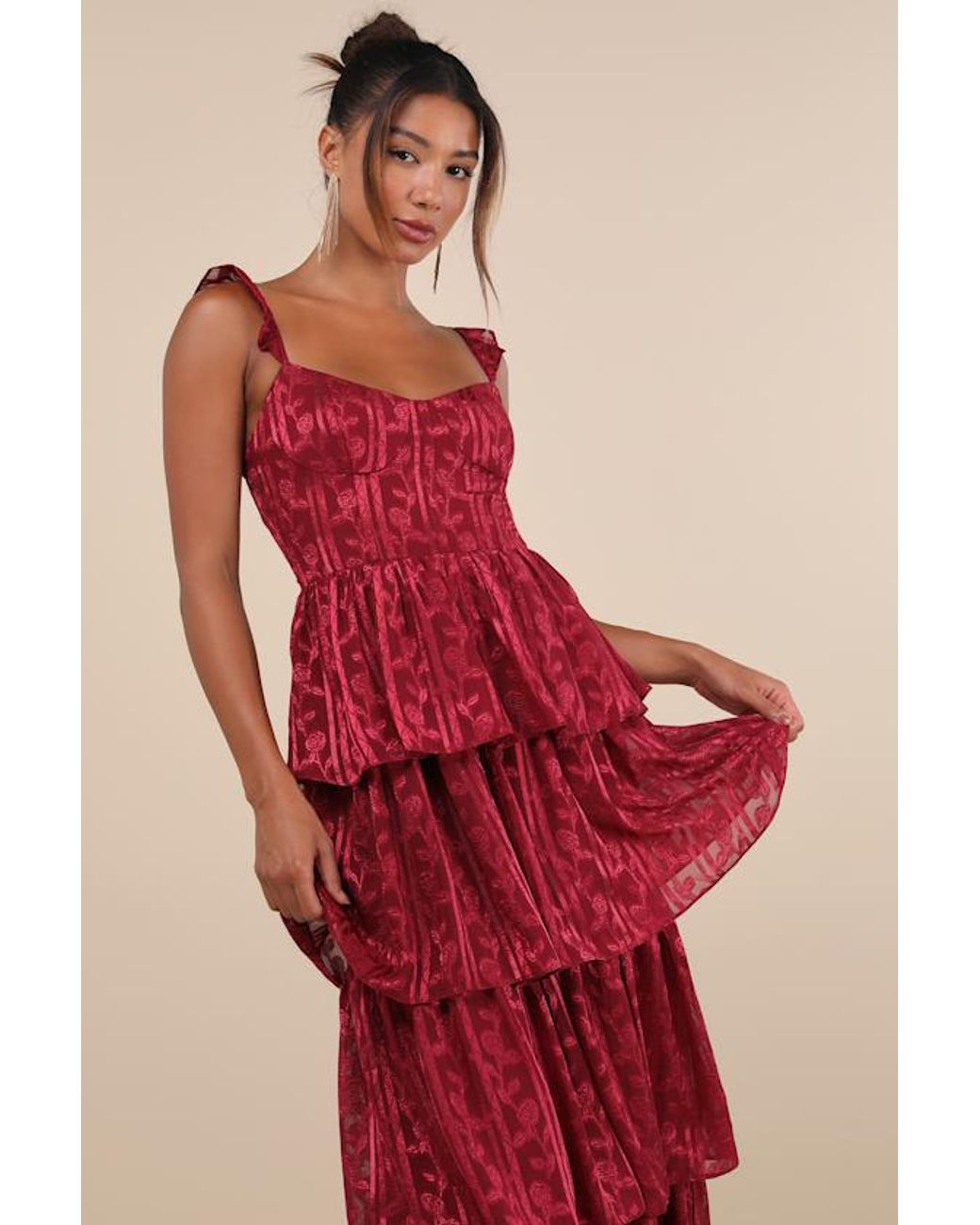 Lulus Stunning Glory Floral Jacquard Tiered Maxi Dress