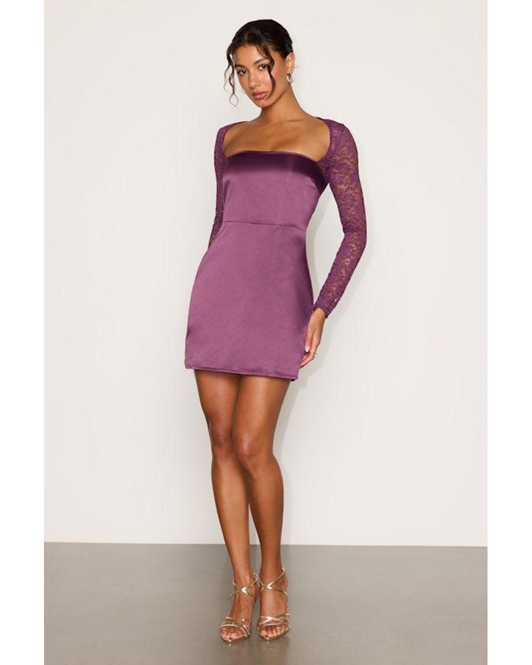 Lulus Purple Prettiest Behavior Satin Lace Long Sleeve Mini Dress