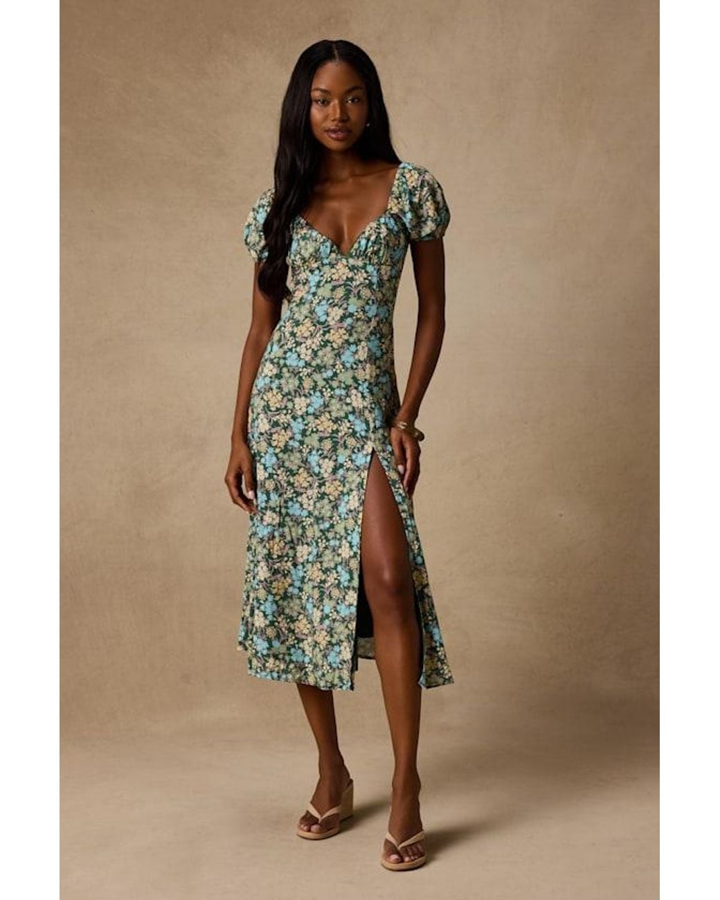 Lulus Green Meadow Muse Floral Tie-Back Puff Sleeve Midi Dress